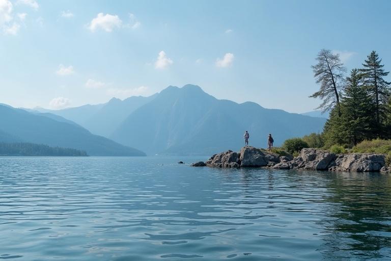 Scenic view of Okanagan Lake with two people on rocky shore. Majestic mountains surround the lake under a clear sky. Calm water reflects the landscape.