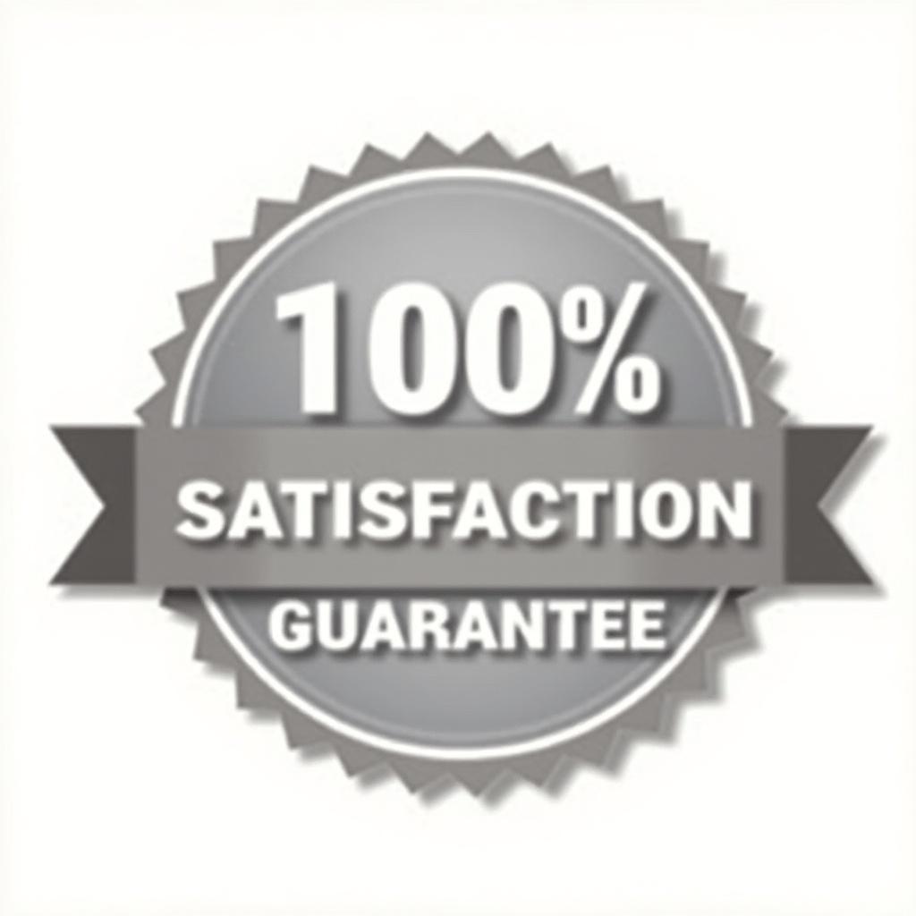 The image features a circular badge that has the text '100% Satisfaction Guarantee' prominently displayed in the center. The badge has a glossy finish that gives it a modern look. There are ribbons on each side, colored in a soft pink hue represented by #9C5FA6. The background of the image is transparent, making it versatile for various uses. This badge can be used in marketing materials or product packaging to emphasize customer satisfaction.