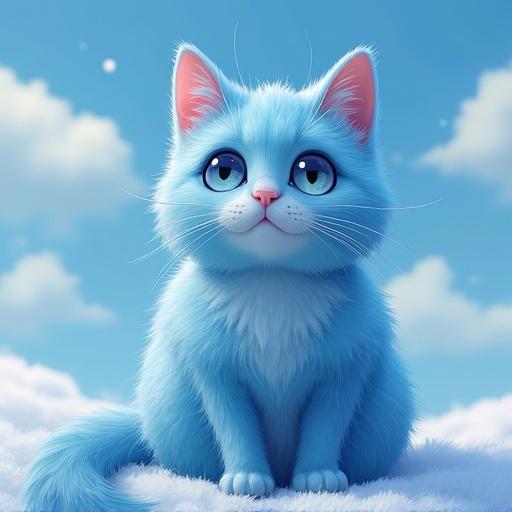 A cute cat with fluffy fur. The cat is sky blue. The background is a bright blue sky with clouds. The cat has large, expressive eyes and a small pink nose.