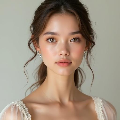 Highly detailed portrait of a young woman with Western features. She has a symmetrical face with high cheekbones and a tapered chin. Eyes are piercing and almond-shaped. Nose is small and refined. Skin is porcelain with warm undertones. Hair is light brown, loosely tied with waves. Expression is confident with a subtle smirk. She wears a modest dress with a low neckline. Upper body image with a plain background and soft lighting.