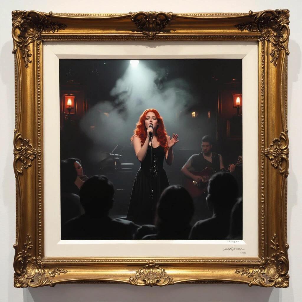 Distant view of a red-haired singer performing on a smoky pub stage with a dark atmosphere and audience figures in front.