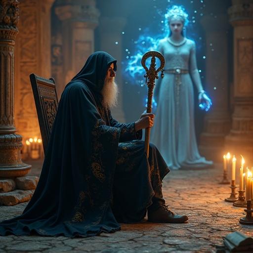 A young retired wizard sits in a mystical ancient chamber. Flickering candles illuminate the scene. Surrounding magical light enhances the atmosphere of the room. He wears a long dark cloak with arcane symbols. Holding an intricately carved wooden staff that glows faintly blue. His mind's eye shows a vision of Ishtar. She appears as a beautiful woman in a flowing divine robe. The robe has golden lions and star patterns. Her skin glows softly, and she has long black hair with floating golden ornaments. The environment has magical particles creating a mystical atmosphere. Photorealistic high resolution art.