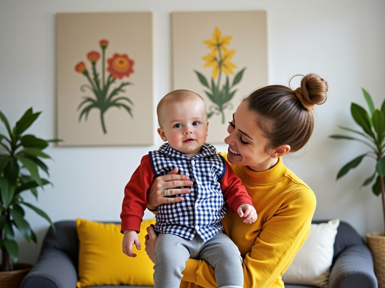 The image shows a woman holding a baby in her lap. The woman is wearing a bright yellow sweater and has her hair styled in a bun. The baby is dressed in a blue and white checkered shirt with red sleeves and gray pants. Behind them, there are decorative paintings of flowers hanging on the wall. The surrounding room features plants and comfortable seating. The overall atmosphere feels warm and cozy, likely in a living room setting.