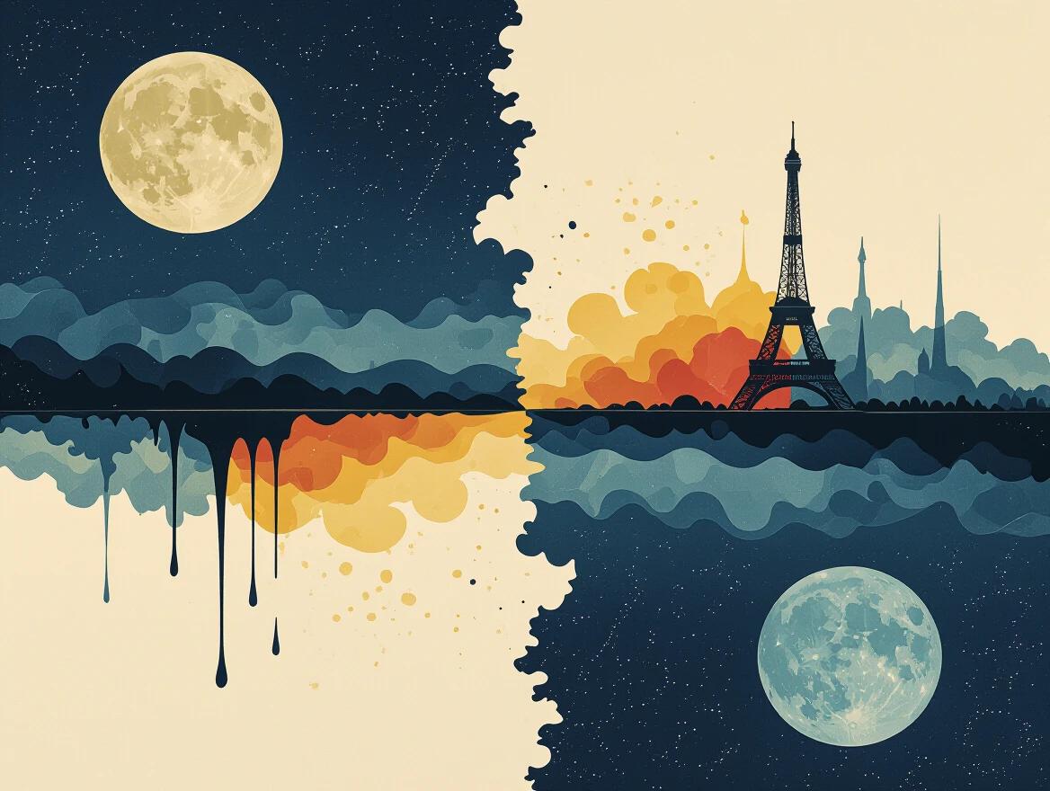 A surreal illustration combining night and day. The left half features a midnight scene with a full moon and dripping ink elements. The right side shows a vibrant sunset behind the Eiffel Tower. The background reflects perfectly in the water below. The artwork embodies styles inspired by Salvador Dali and Monet.