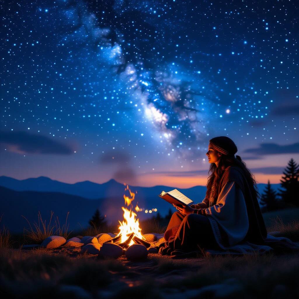 Storyteller shares legends at a campfire surrounded by nature. Stars shine brightly in the night sky. Warm glow from the fire highlights storytelling. Rich colors create a cinematic feel. Hyper-realistic capture of the moment.