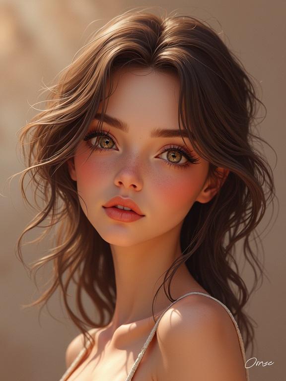 Illustration of a beautiful woman created in a clay style. Focus on her hair and shoulders. Use soft warm lighting to highlight the facial features and hair details.