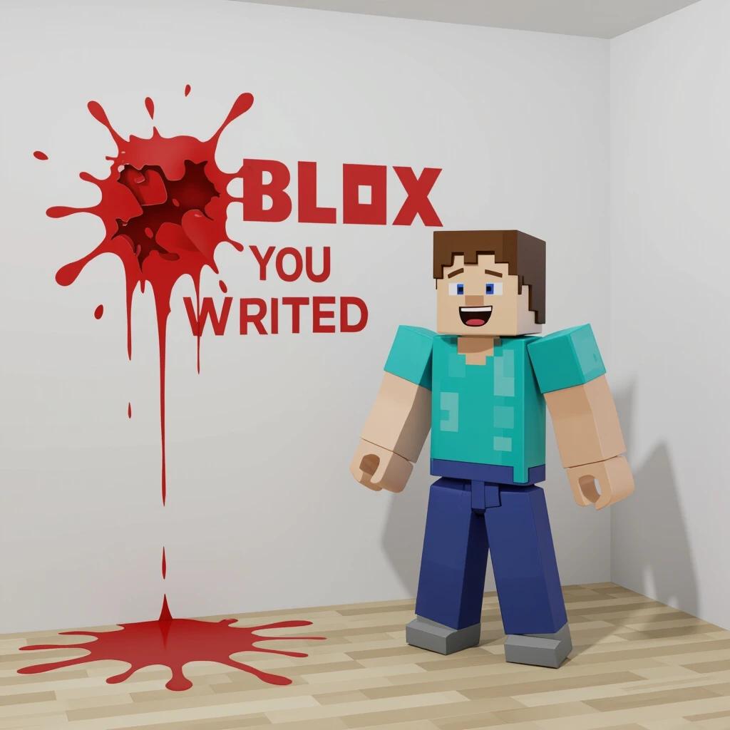 A Roblox themed room featuring a character. The wall has a bloody message painted on it. The character is smiling and blocky. The floor is wooden.