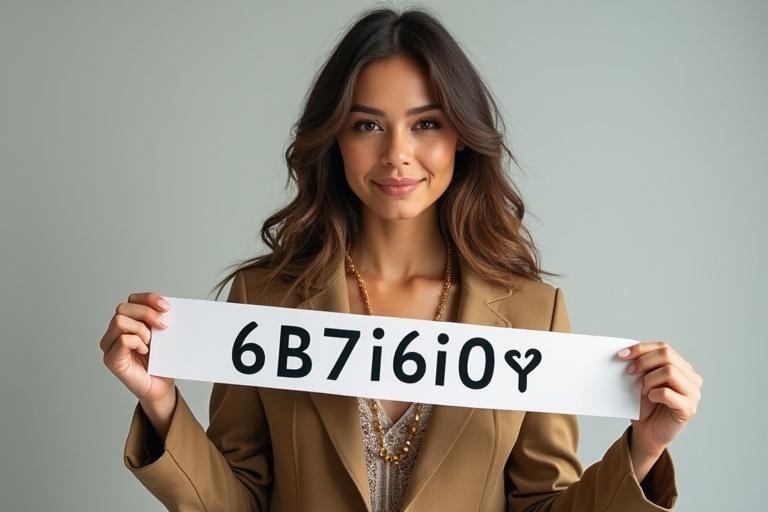 A young woman dressed in a stylish outfit holds a banner with '6B7I6IO℈℈' written on it.