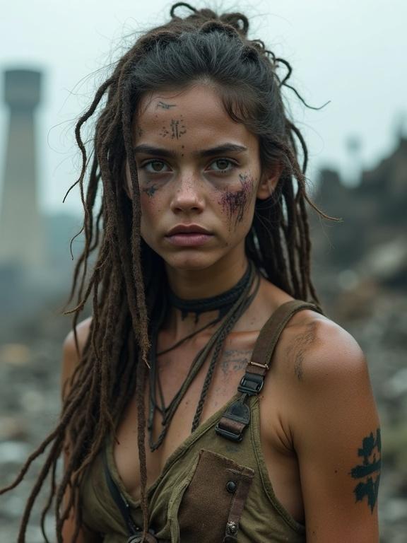 Photorealistic portrait of a young huntress. Weathered face with tribal war paint. Long tangled hair, fierce expression. Worn-out clothing from scavenged materials. Cinematic post-apocalyptic background in ruins. Shot with Fujifilm XT3. Shallow depth of field.