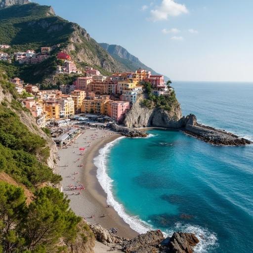 A picturesque view of Positano showcasing colorful buildings along the coastline. The beach is visible with turquoise waters and mountains in the background.