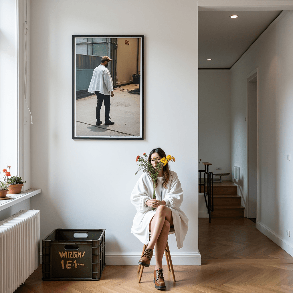 A person sits in a minimalist room with a bouquet of flowers, next to a framed photograph on the wall.