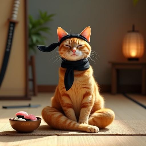 A vibrant orange tabby cat with distinct stripes seated in lotus position. Cat wears a black ninja headband tied at the back. Sits on a beige woven yoga mat. Beside the cat, a ceramic bowl with 'Best Ninja Cat' inscription contains sushi-shaped cat treats. Background features a traditional Japanese room with tatami mats, a wooden stand holding a katana and scroll. Soft light from lantern creates warmth. Cat's shadow gently falls across the mat. The cat's whisker twitches slightly. A steaming cup of green tea faintly blurred in background.
