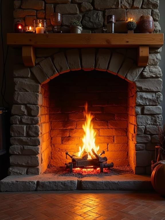 A fireplace features a warm and cozy fire. Stone mantel surrounds the burning logs. Warm light radiates from the fire. Ambient decorations are placed on the mantel. Scene creates a welcoming atmosphere.