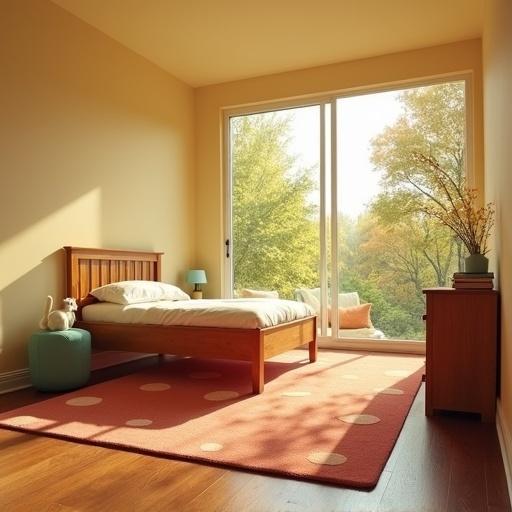 A cozy bedroom with pale yellow walls and ceilings. Features wooden floors and a red-brown carpet with pale pink round patterns. A wooden bed above the carpet is included. A small green stool stands nearby with a white ragdoll cat. Next to the bed is a wooden bedside table with a light blue lamp and books. A large floor-to-ceiling window reveals outside vibrant trees.
