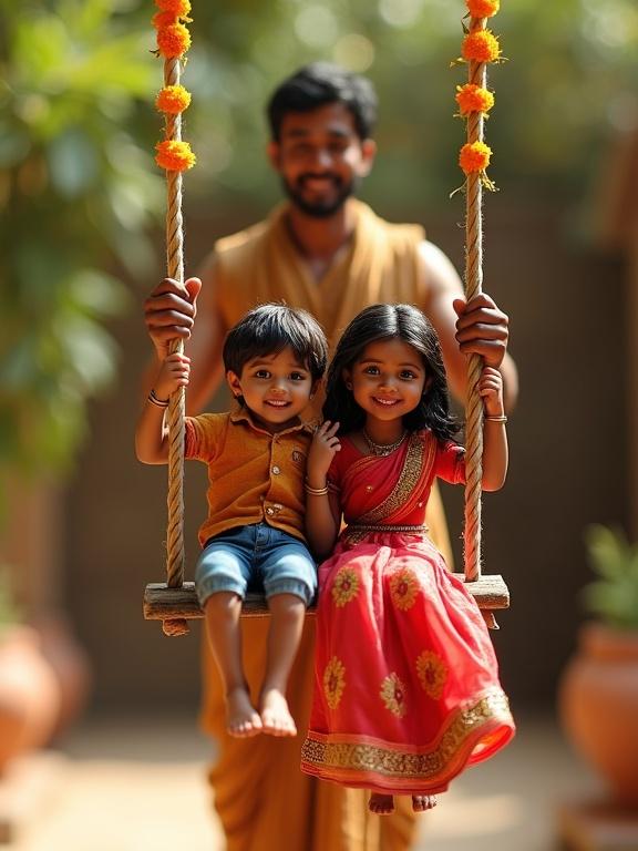 An ultra-realistic Indian family scene with two children on a swing made from a red bridal saree. Father stands behind them, pushing gently. Children wearing colorful traditional clothes. Lush green background with clay pots and marigold garlands. The warm light adds a heartwarming effect. Emphasis on intricate details like fabric textures and facial expressions.