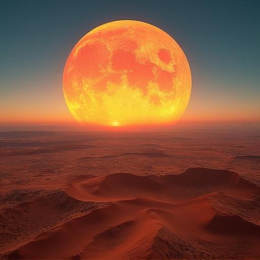 Vista desde la cesta de un globo aerostático al amanecer sobre el desierto de Namibia con una gran luna anaranjada en el horizonte