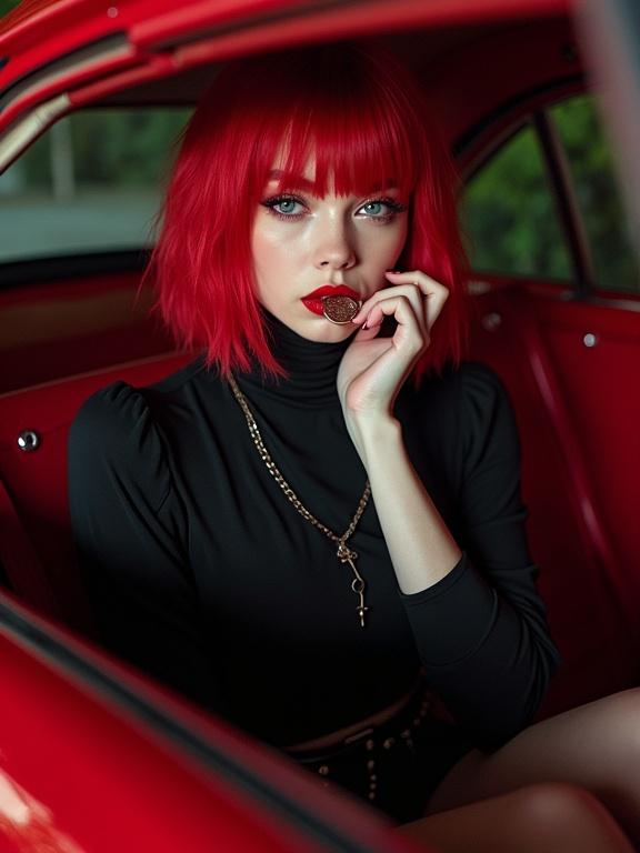 A girl with rich gothic short red hair is in a luxury red car. She has a cyber dark style and holds a coin to her lips. The interior matches her look with an emphasis on bold colors and striking features.