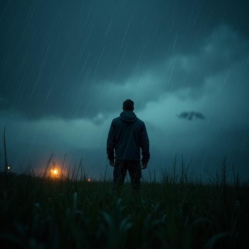 Crisp 4k photo of a man in a field at night during hard rain. Mood is dramatic and dark. Rain visibly falling creating a unique atmosphere with distant lights in the background.