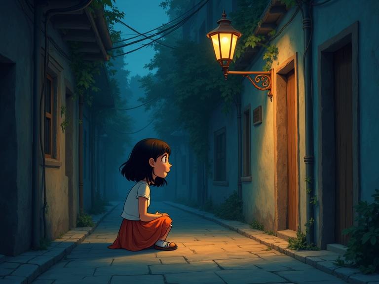 The scene shows a girl sitting in an alleyway under a lamp. The girl is wearing a dress and is talking while sitting on the ground.