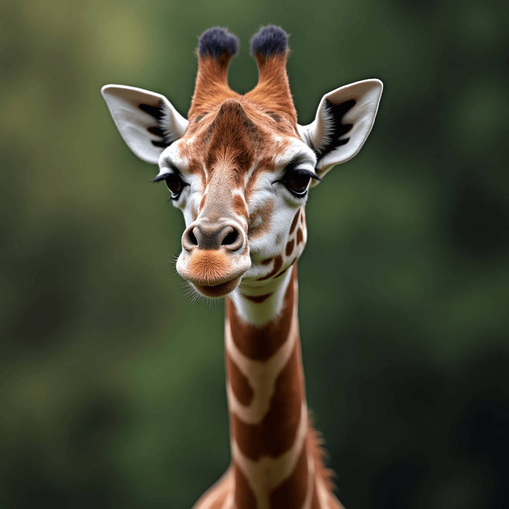 A close-up of a giraffe's face with a blurred natural background.