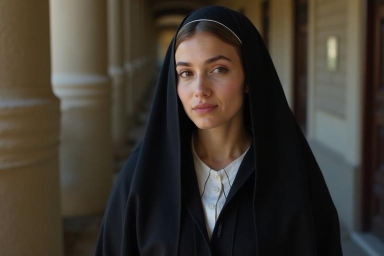 Portrait of a woman wearing a black hood and traditional dress in a historic corridor.