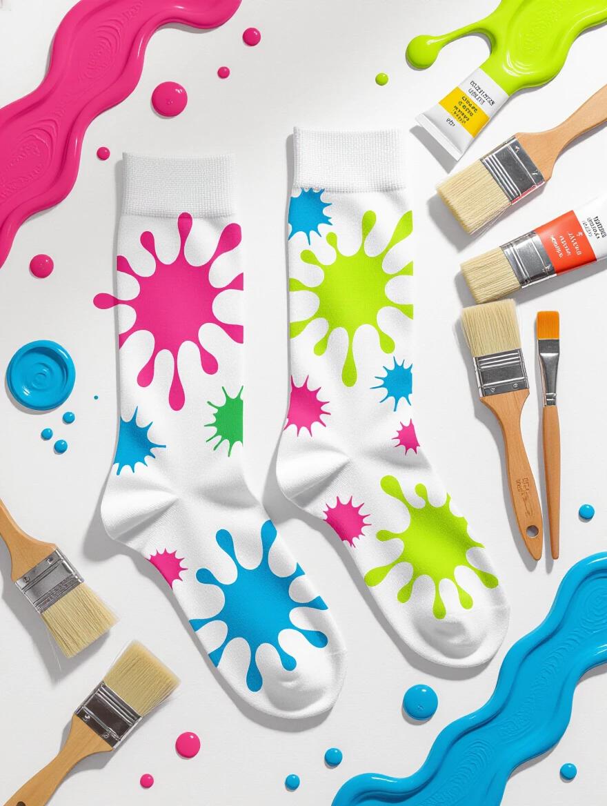 Artistic mockup of crew socks featuring abstract paint splash design. White cotton socks display bold neon splashes in pink blue and green. Paint effects appear three-dimensional with realistic drips. Socks arranged with actual paint brushes and color tubes on a flat surface. Bright studio lighting used. The shoot is directly above. Contemporary art photography style emphasis on creativity and vibrancy.