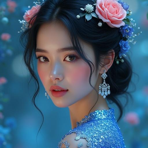A hyper-realistic digital painting of a woman with shimmering blue sequins. The figure is adorned with flowers, including pink roses, in her hair. Intricate earrings complement her look. The image has a magical, ethereal aura with a focus on textures and details in a fantasy setting.