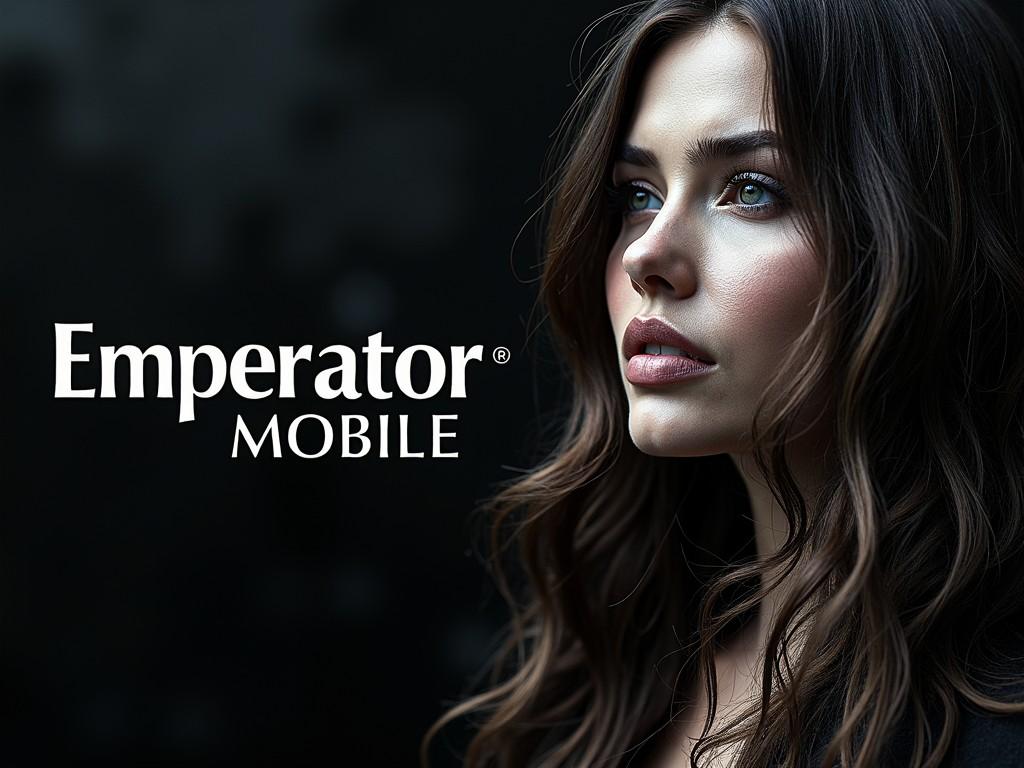 A woman is shown gazing upwards with an expression of wonder and curiosity. The image is striking in its use of natural, soft lighting, highlighting her features against a dark, blurred background. The words 'Emperator Mobile' are prominently displayed in the left portion of the image, suggesting a luxury or lifestyle brand related to mobile technology.