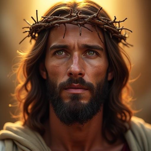 A hyper-realistic portrait of Jesus Christ in central symmetry. Eyes looking slightly upward, expressing compassion and strength. He has blue eyes, a short brown beard, long wavy brown hair, and a crown of thorns with small trails of blood. A softly blurred background with warm golden light creates a divine atmosphere. Detailed textures, natural skin tones, subtle lighting. Ultra-realism, emotionally powerful, cinematic lighting, shallow depth of field.