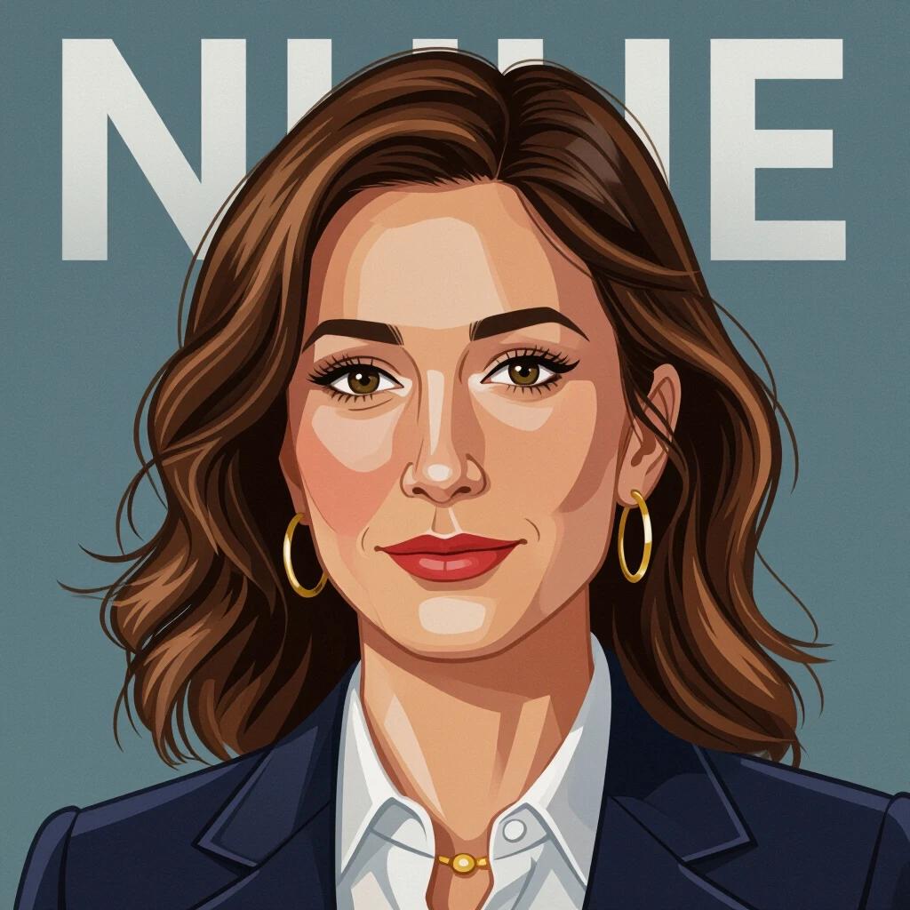 Portrait of a professional woman with warm smile. Brown hair styled wavy. Wearing a dark jacket. Gold hoop earrings. Front view. Light blue background. Ideal for digital art.