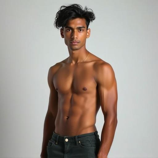 A full body image of an 18-year old Indian male. He is clean shaven. Hair is messy. The physique is muscular. The clothing is casual denim. The background is neutral.