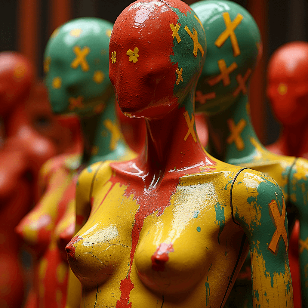 Mannequins painted in vibrant red, yellow, and green with X symbols stand in a row.