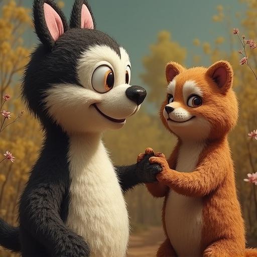 Two cute animated animals, one gray and white, the other orange and white, holding hands in a colorful, cheerful setting.