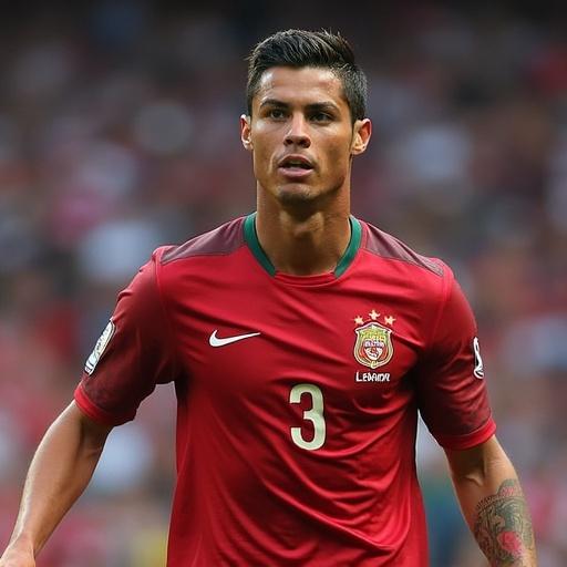 Soccer player in red jersey standing on the field. The player wears a team logo and shows an athletic pose. Stadium background visible. Light conditions are natural and bright. The focus is on the player’s stance and jersey.