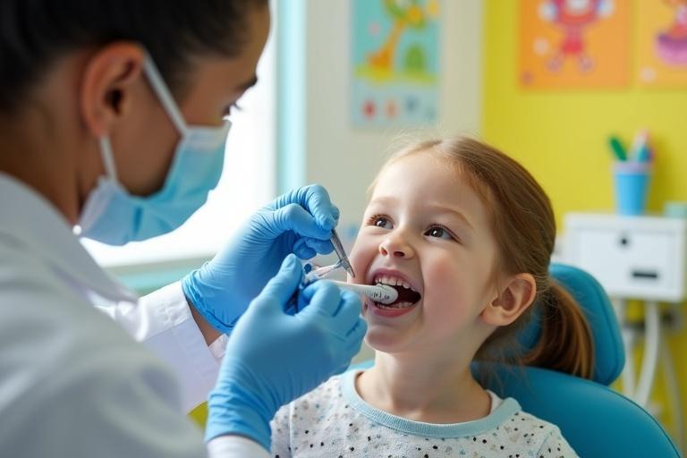 Pediatric dentist applying fluoride varnish on a child’s teeth in a bright setting. Colorful walls with cartoon characters. Dentist wearing fun attire and gloves.