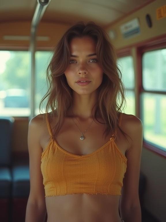 A young woman in a crop top stands in a bus. The photograph captures a candid moment with soft lighting and bright colors.