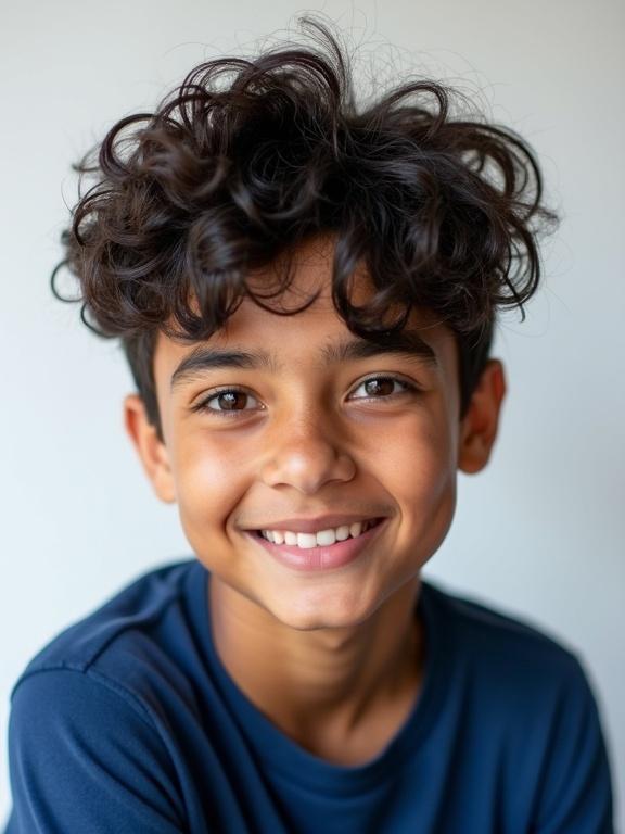A 15-year-old boy with curly hair styled in a trendy messy look wearing a blue shirt, against a white background. He has sharp facial features and a youthful smile.