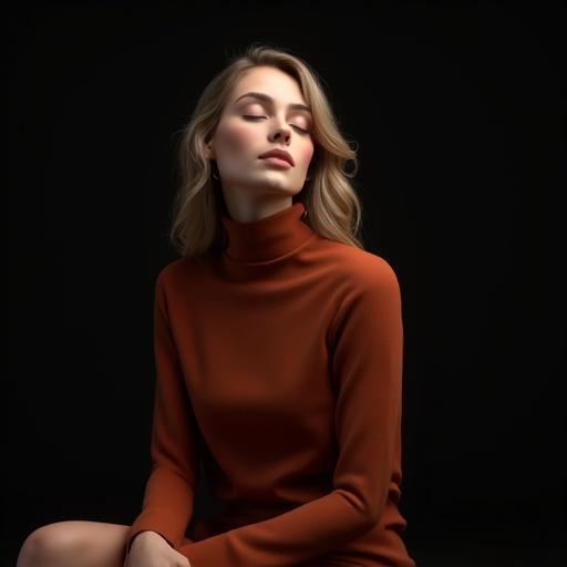 Digital portrait of a young woman. She has light skin and soft features. She is sitting with eyes closed in a relaxed pose. She wears a rust-colored turtleneck sweater. The background is dark and minimalist. Emphasis on calmness and focus. Hair styled in gentle waves. Lighting is soft and warm highlighting peaceful expression. Add three modern 3D floating UI cards around her head and shoulders. Cards should be softly lit and semi-transparent with rounded corners. One card displays '13:00 - Atendimento Ana', another shows '4 Consultas realizadas', and the third says 'R$ 1.300 a receber'. Text should be legible, clean, sleek sans-serif font. Position cards harmoniously for visual balance.