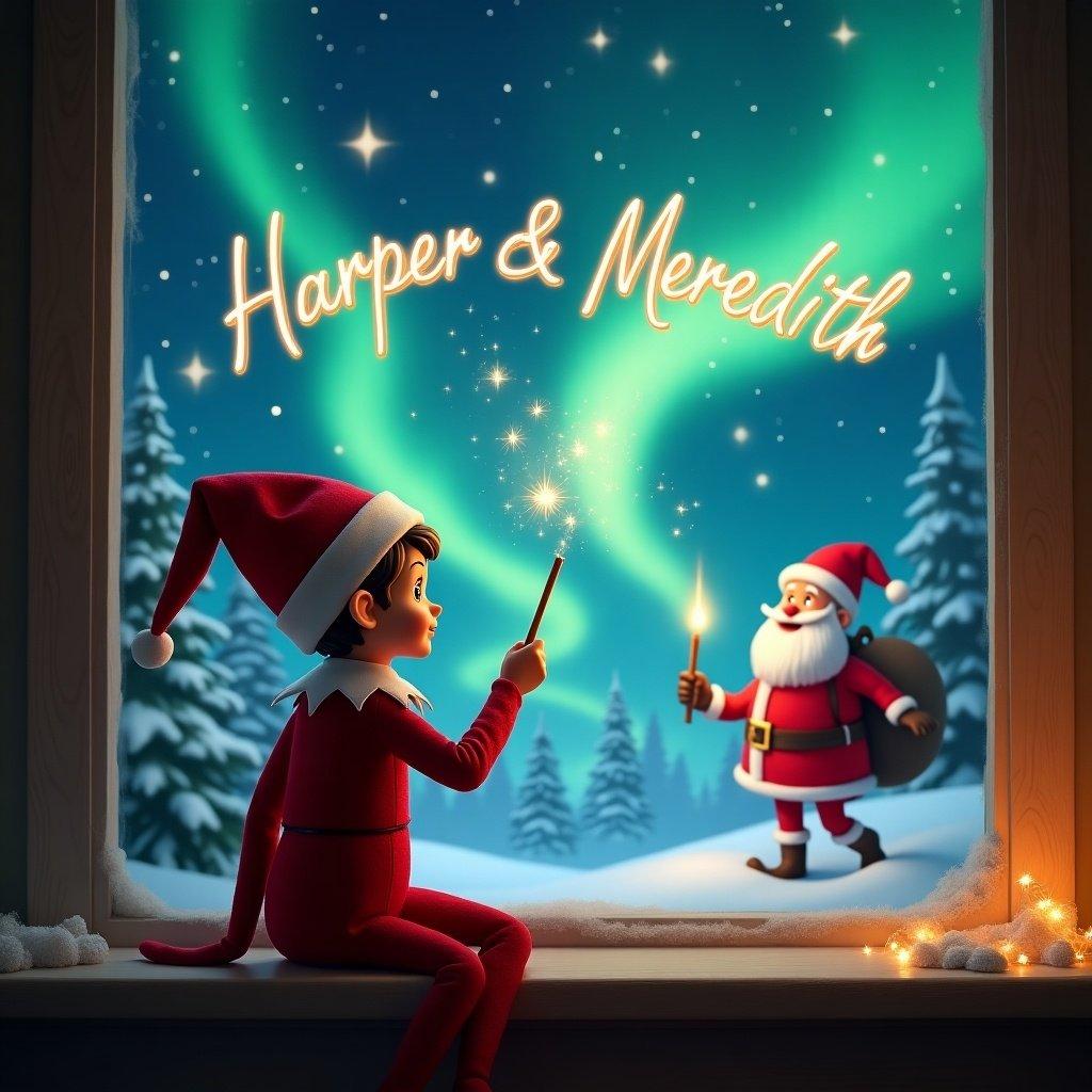 An enchanting Christmas scene features an Elf on the Shelf sitting and facing the sky. Dressed in a classic elf outfit, it uses a magic wand to write 'Harper & Meredith' in the sky. The background is filled with magical northern lights illuminating the snowy landscape. Santa Claus can be seen nearby, adding to the festive atmosphere. The overall feel is whimsical and magical, perfect for the holiday season.