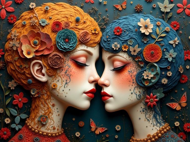 Masterpiece 3D multi-layered artwork. Intricate details and whimsical style. Two women with flowers in hair. Intimate expression of heart and soul.
