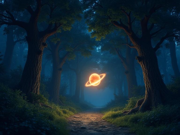 A forest path illuminated by a glowing ringed planet. Tall trees with dense foliage surround the scene. A soft mist adds to the enchanting atmosphere. The ground is covered in lush greenery. The vibe is mystical and surreal.