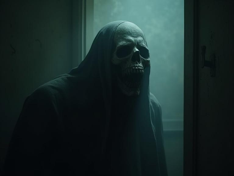 A scary ghost monster lurks in a dark and ominous room. The figure has an ultra-detailed terrifying face with a skull appearance. Dim lighting creates a haunting atmosphere.