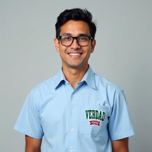 A 30-year-old Mexican man with black hair and glasses. He has fair skin and is seen from the waist up. He wears a light blue button-up shirt featuring a logo reading 'VERDAD' in green and 'PODER' in red. He faces forward with a neutral yet friendly expression. The lighting is soft and balanced, highlighting his face and clothing texture. The background is neutral to keep the focus on him.