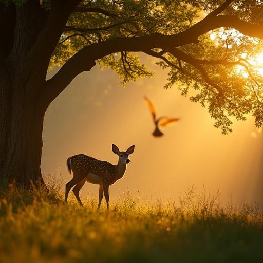Young spotted deer grazes under massive oak. Golden hour light shines through leaves. Camera moves right smoothly. Bird flutters mid-air. Dust particles drift in light. Deer lifts head, ears flick. Deep green forest backdrop. Natural ambient sounds.