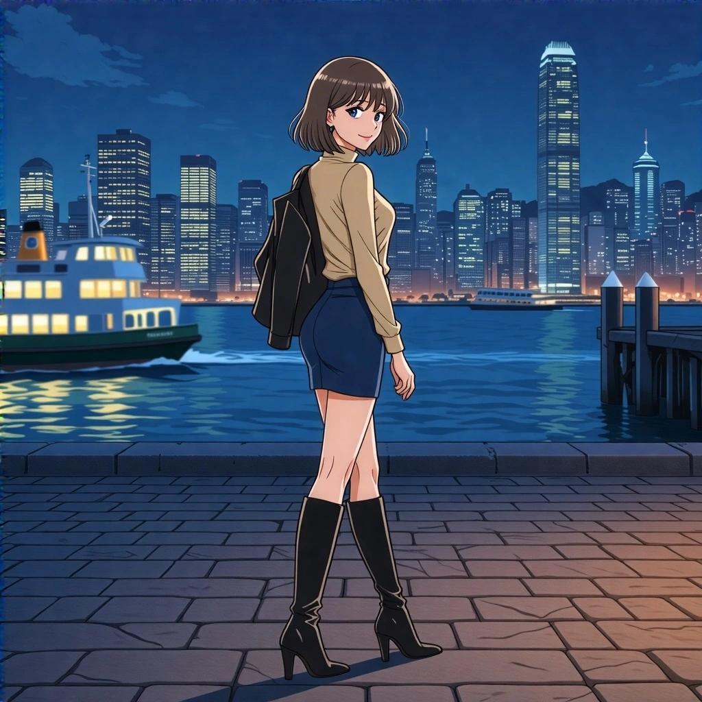 Anime depiction of an elegant office lady stands by a city pier at night. She is 170cm tall with a bob hairstyle. Dressed in a champagne turtleneck shirt and dark blue pencil skirt. Wears a leather jacket and medium height stiletto knee-high boots. Smiling over her shoulder while watching a ferry. City skyscrapers glow in the background. Stone floor tiles are visible with shadows under boots.