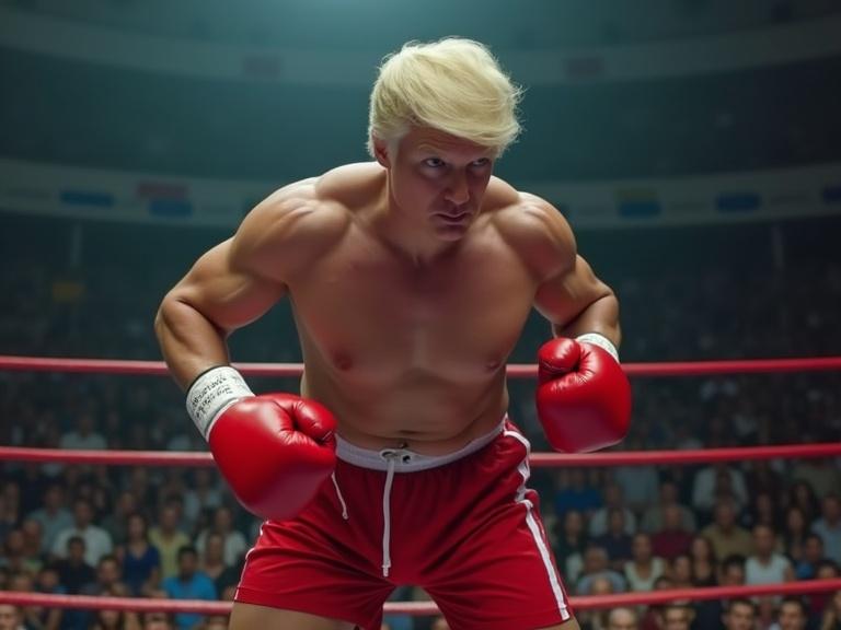 Boxing scene. Boxer with blonde hair and muscular build. Wearing red boxing gloves and red shorts. About to fall after a knockout punch in an auditorium.