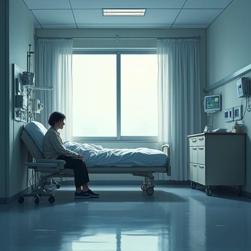 Scene set in a dimly lit hospital room. Soft white light glows from above. An unconscious young man lies in bed surrounded by medical equipment. A middle-aged woman sits beside him, looking kind yet weary. She wears a cardigan and holds a cloth bag. Her expression shows gentle sorrow. Close-up of her glistening eyes. Wide-angle shot emphasizes her small figure next to the bed. The nurse’s station outside is empty, indicating absence while the woman stays with the boy.