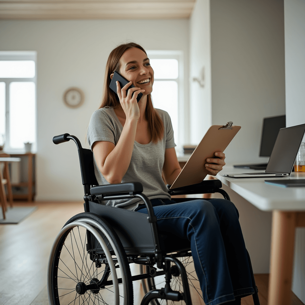 A smiling woman in a wheelchair talks on the phone while holding a clipboard, in a well-lit office setting.