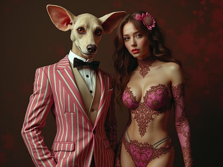 Surreal portrait of a humanoid dog in a pin-striped suit and a woman in intricate pink lingerie. Background features tones of brown and red with lyrical abstraction. Elements of vintage and surreal styles.
