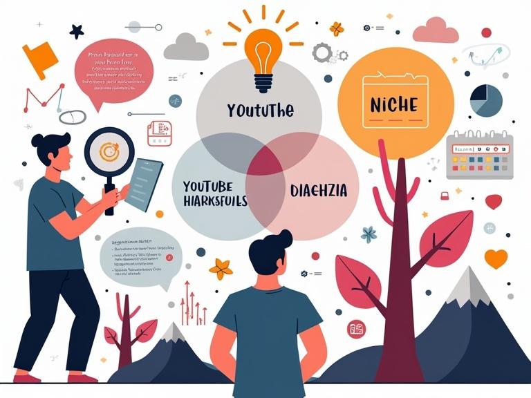 Digital illustration about YouTube niche and content ideas. Person brainstorming with lightbulb. Magnifying glass analyzing trends. Venn diagram showing Passion and Expertise. Growing tree labeled Niche. Calendar with video ideas. Unique angle mountain peak. Various research icons.